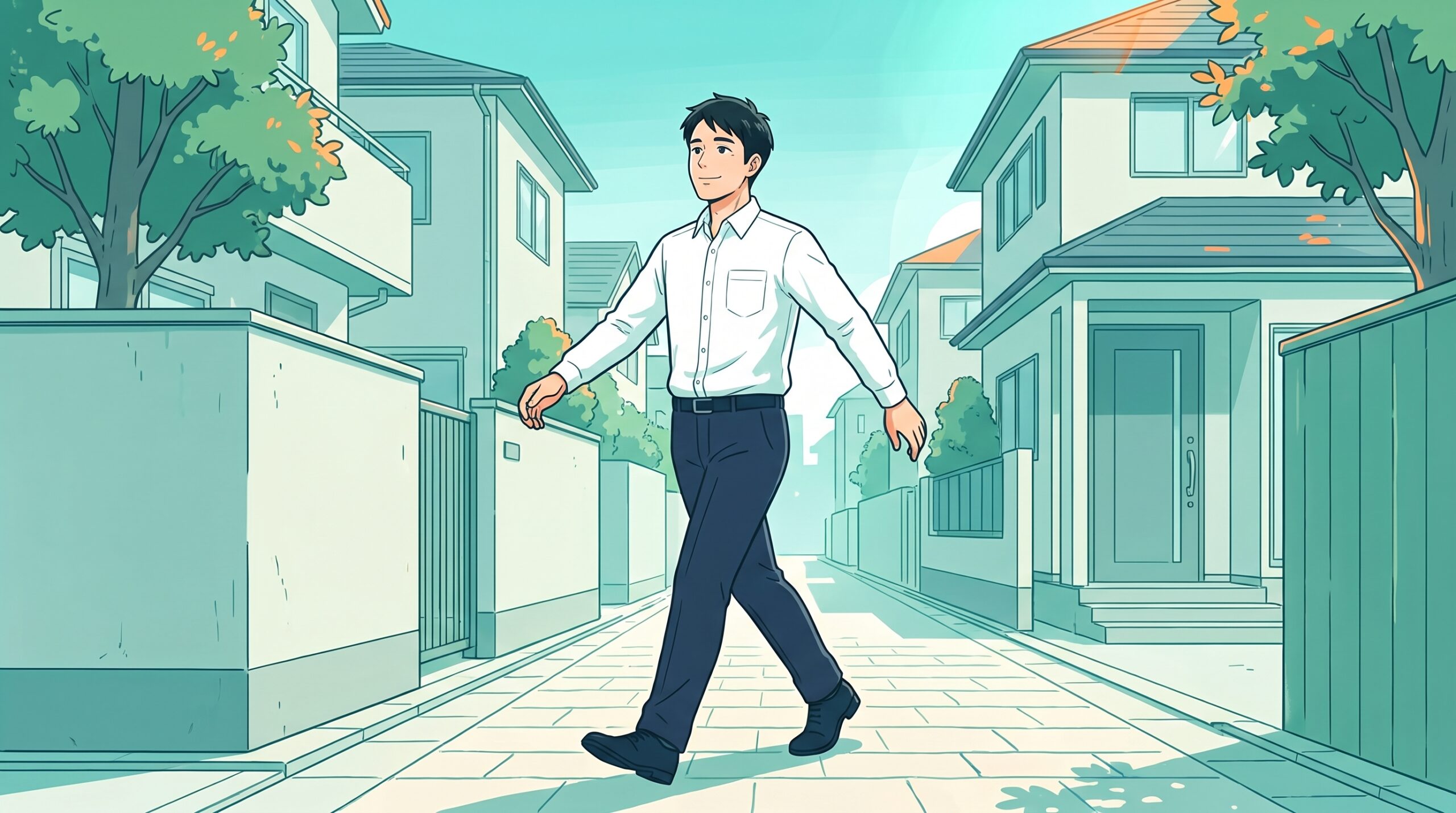 肩の力を抜き、大きな歩幅で腕を振って歩く男性