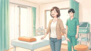 施術のあと背すじが伸びて晴れやかに笑う女性と、見守る施術者のイラスト