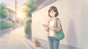 夕方の仕事帰りに、楽に立ちながら手のひらを軽くさする女性のイラスト
