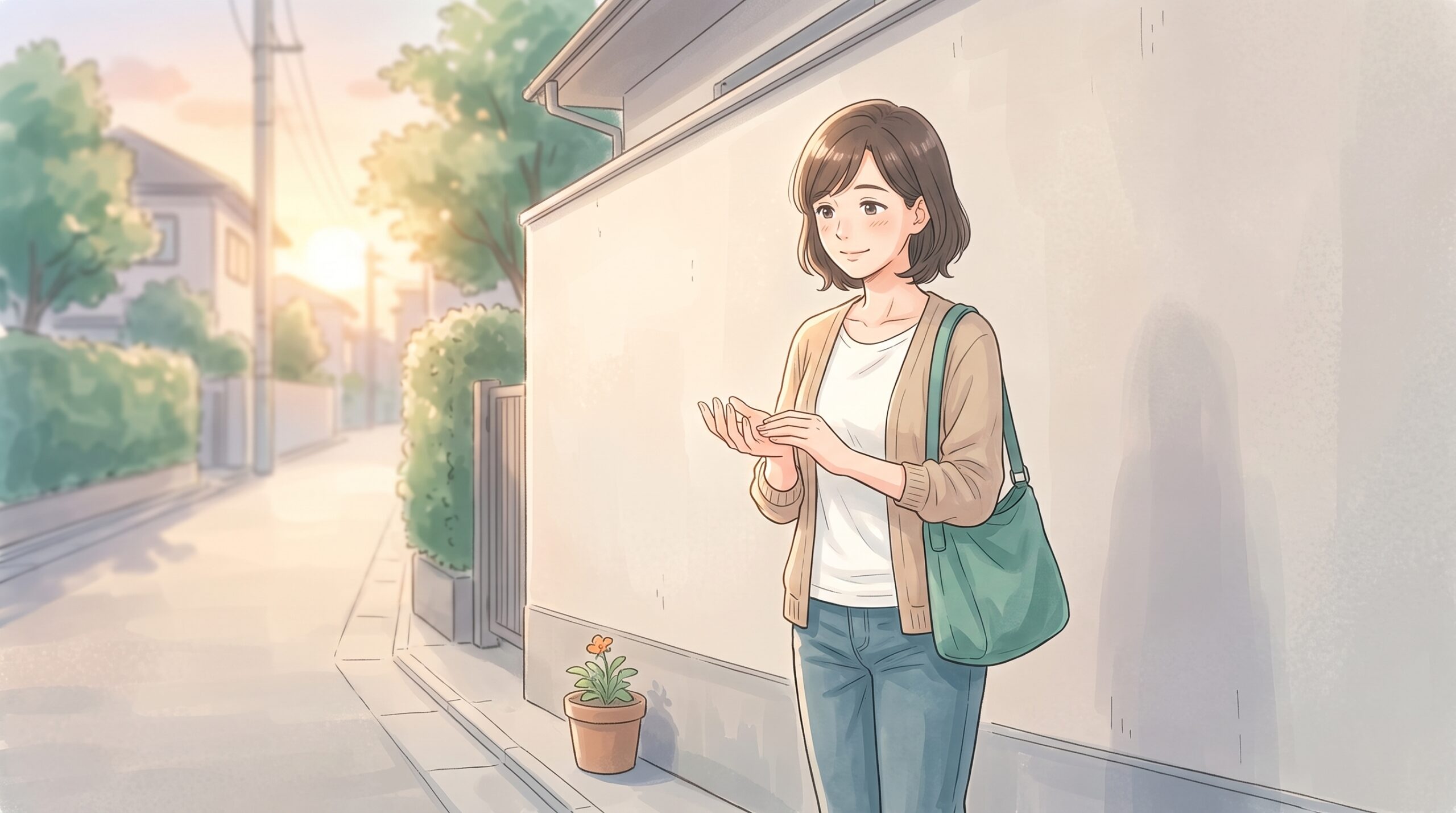 夕方の仕事帰りに、楽に立ちながら手のひらを軽くさする女性のイラスト