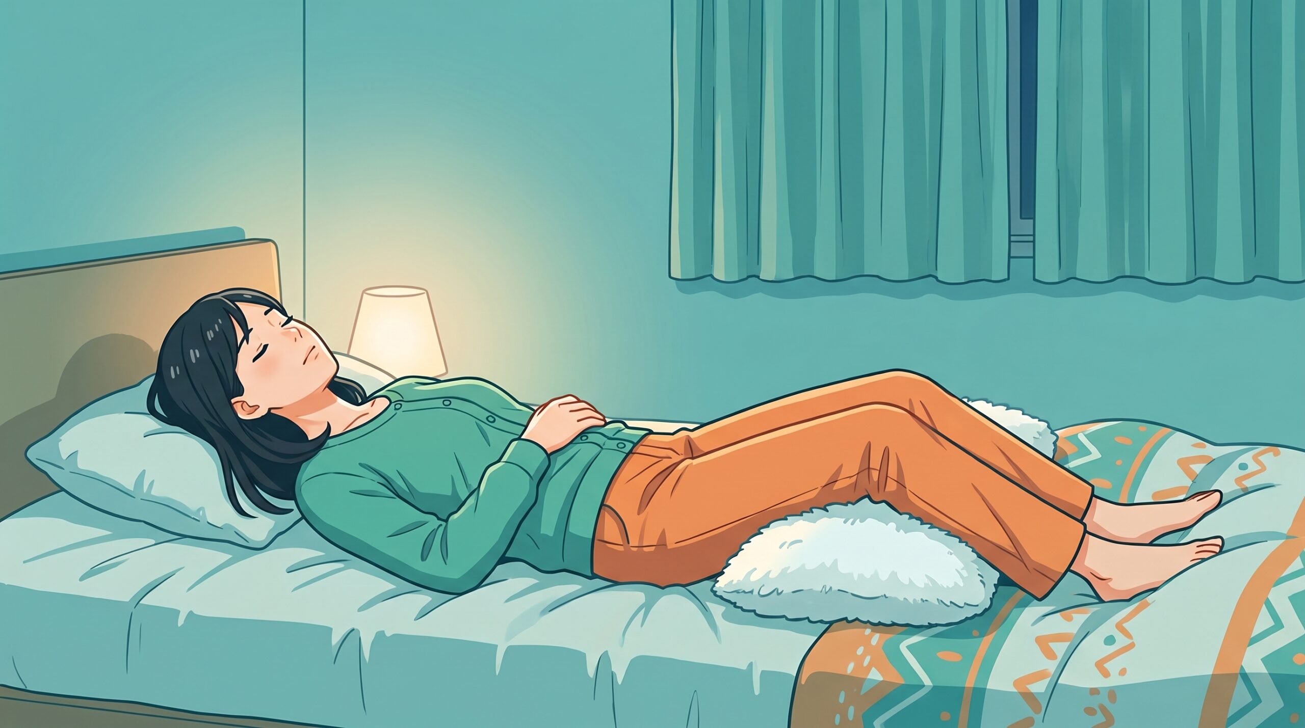 ひざの下にまくらを入れ、あお向けでぐっすり眠る30代の女性