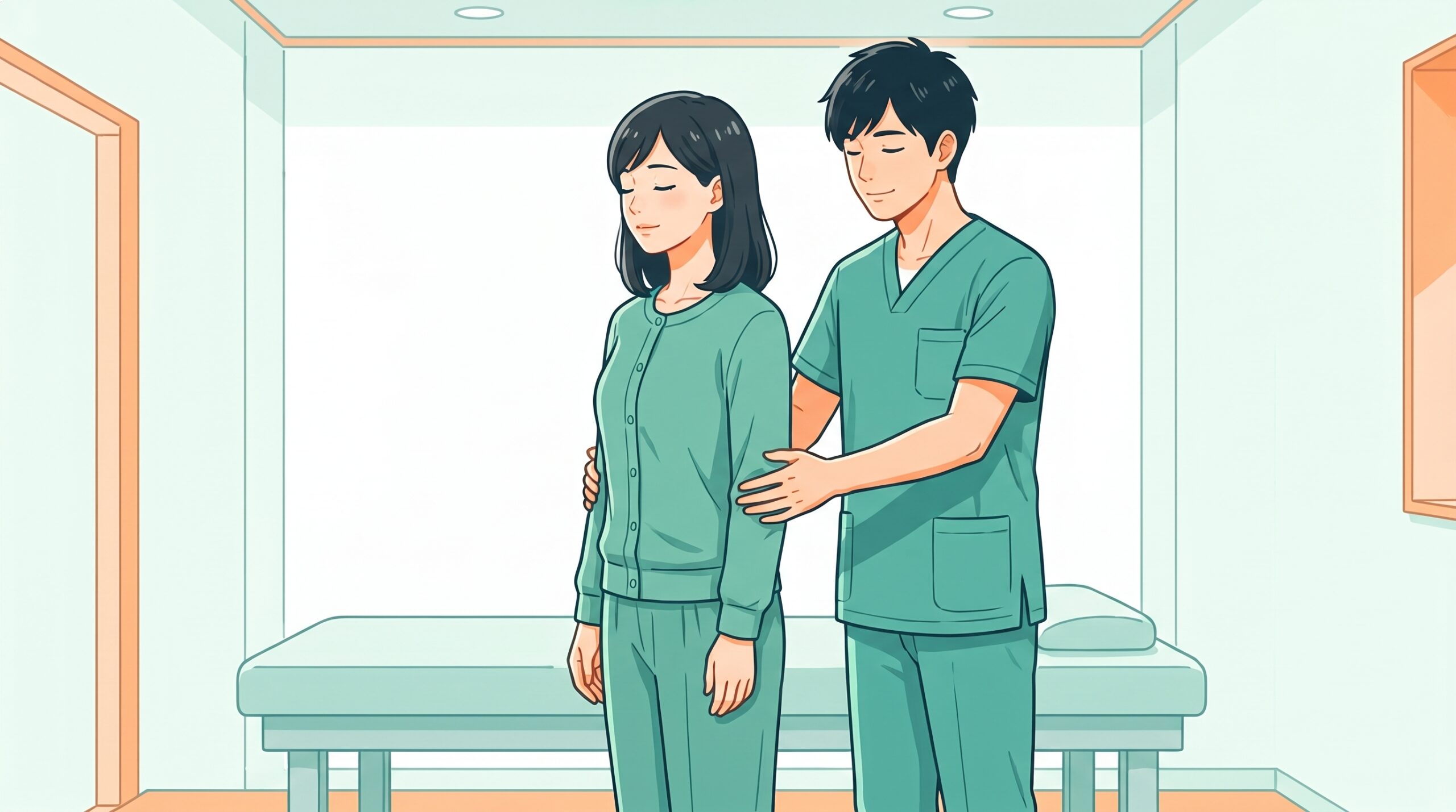 目を閉じて立つ女性を、施術者が後ろからそっと支えている施術