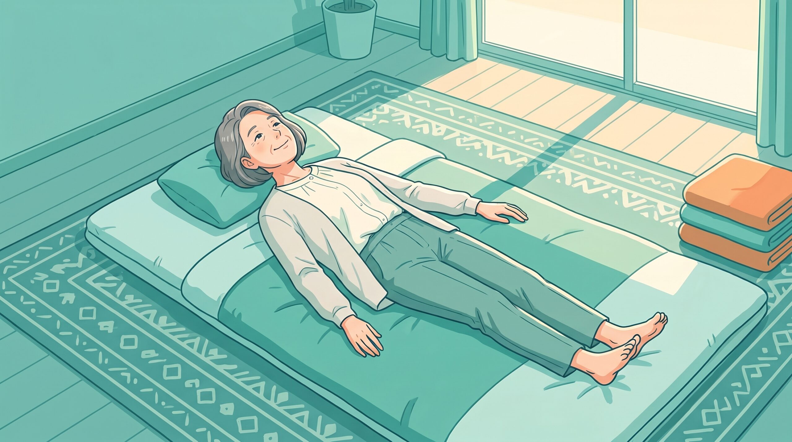 仕事から帰って布団に横になり、胸を開いてくつろぐ60代の女性のイラスト