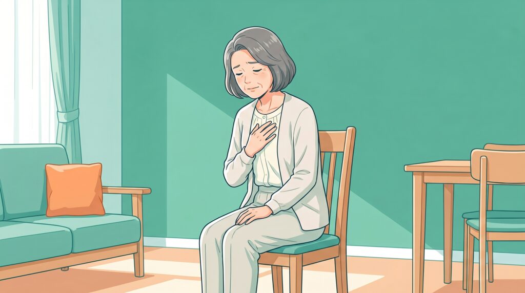 椅子に座って前かがみになり、胸に手を当てて息苦しそうにする60代の女性のイラスト