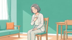 椅子に座って前かがみになり、胸に手を当てて息苦しそうにする60代の女性のイラスト