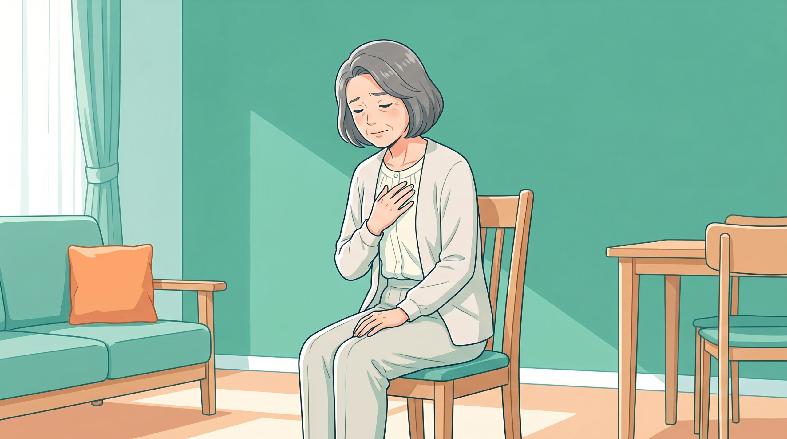 椅子に座って前かがみになり、胸に手を当てて息苦しそうにする60代の女性のイラスト