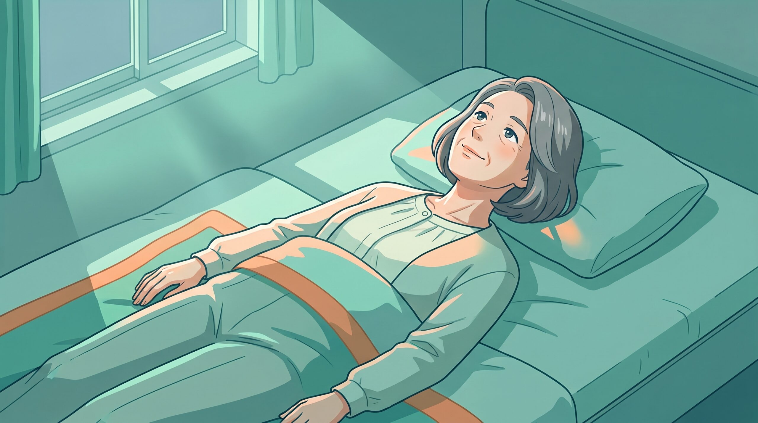 布団に入っても目がさえて眠れない60代の女性のイラスト