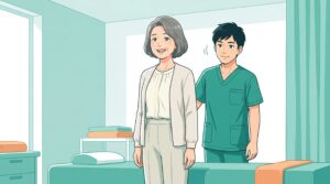 施術のあと肩が開いて胸が広がり、笑顔で立つ60代の女性と、見守る施術者のイラスト