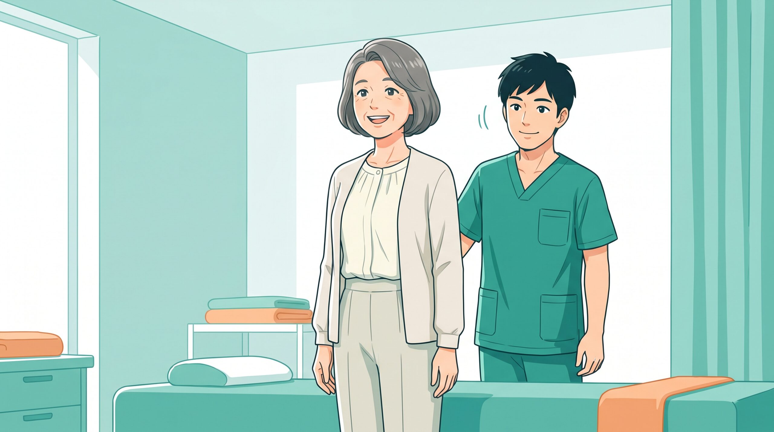 施術のあと肩が開いて胸が広がり、笑顔で立つ60代の女性と、見守る施術者のイラスト