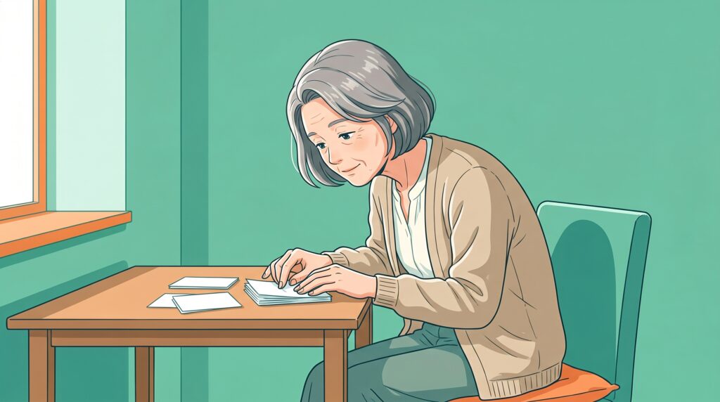 机で前かがみになり、指先で細かい作業をする60代の女性のイラスト