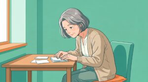 机で前かがみになり、指先で細かい作業をする60代の女性のイラスト