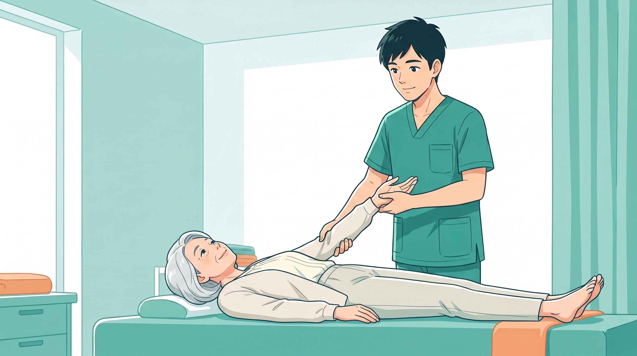 施術者があお向けの60代の女性の腕をやさしく伸ばしているイラスト